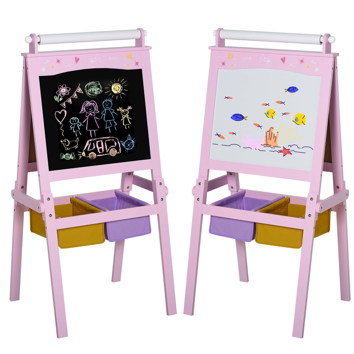 HOMCOM Kids Easel 3 in 1 Wooden Art Easel with Paper Roll Double-Sided Chalkboard & Whiteboard with Storage Baskets for