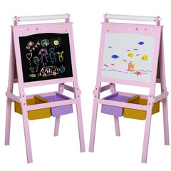 HOMCOM Kids Easel 3 in 1 Wooden Art Easel with Paper Roll Double-Sided Chalkboard & Whiteboard with Storage Baskets for
