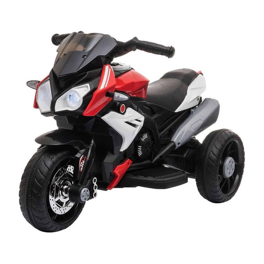HOMCOM Kids Electric Motorcycle Ride-On Toy, a red and black three-wheeled electric motorbike with lights and a windscreen