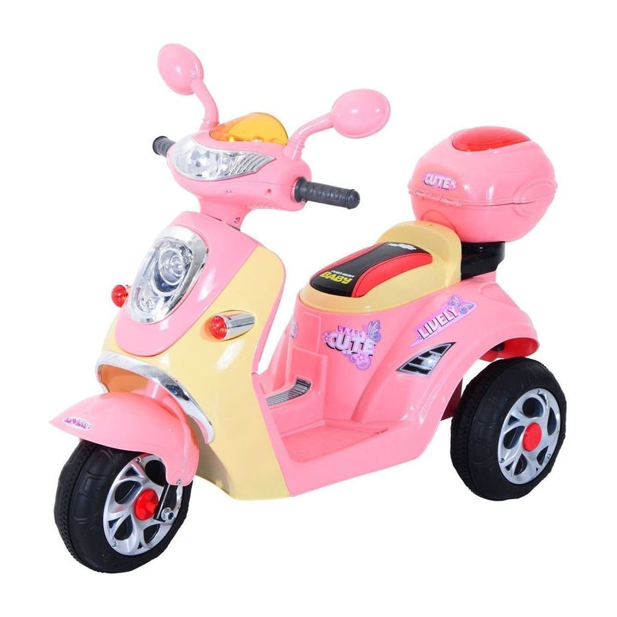 HOMCOM Kids Electric Ride On Toy Car pink three-wheeled motorbike with a storage box on the back