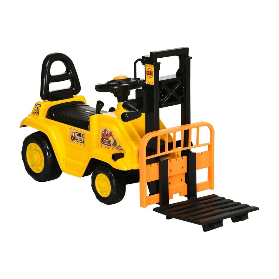 HOMCOM Kids Ride-On Construction Car, a yellow ride-on toy with a fork and tray