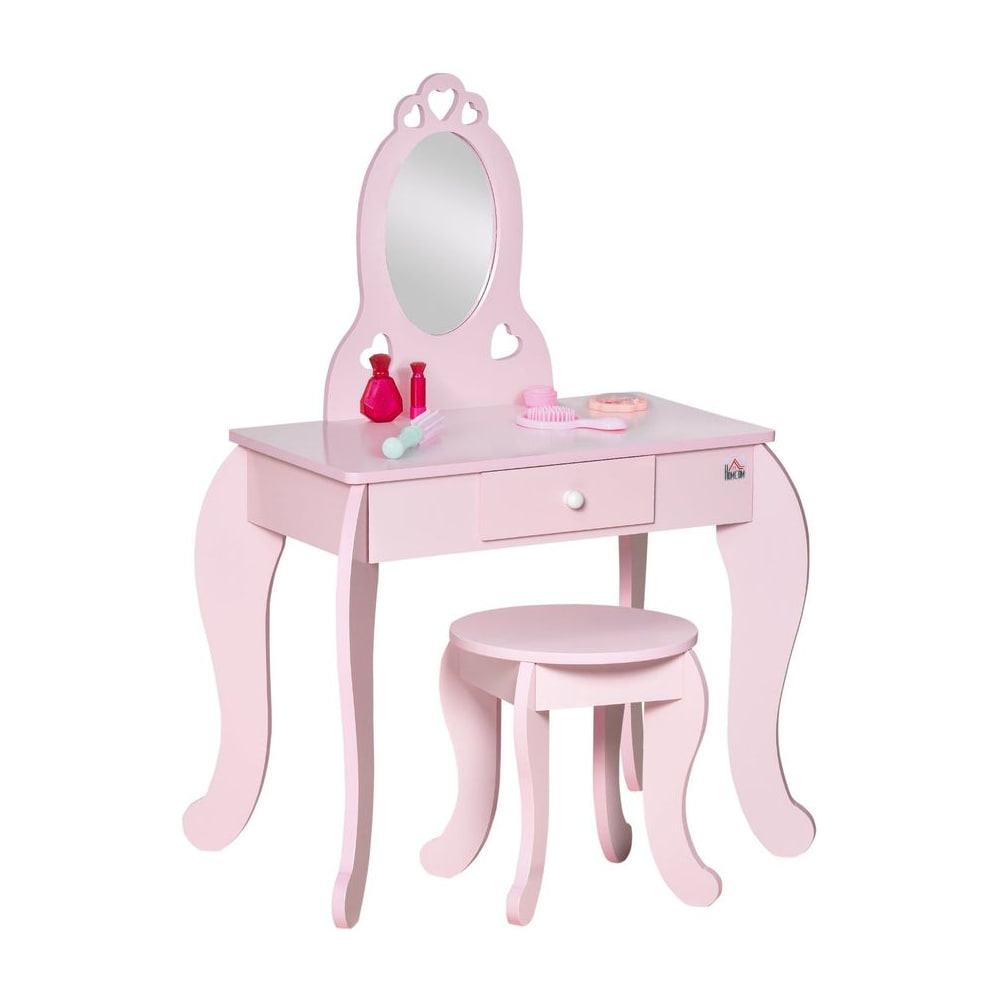 HOMCOM Kids Vanity Table & Stool Girls Dressing Set Make Up Desk Chair Dresser Play Set with Mirror Pink