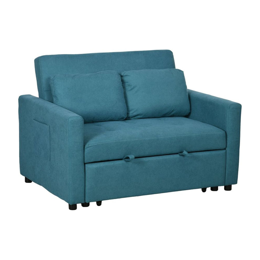 HOMCOM Loveseat Sofa Bed, Convertible Bed Settee with 2 Cushions, Side Pockets for Living Room, Blue