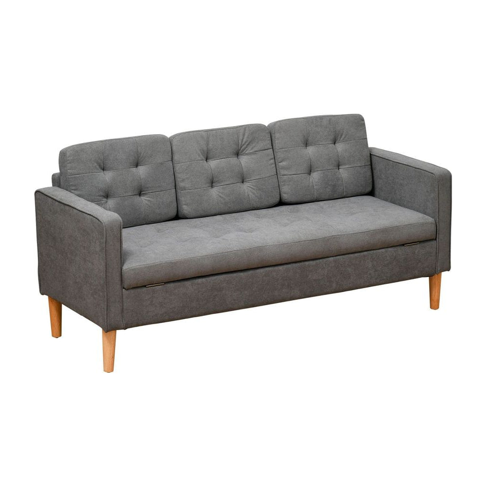 HOMCOM Modern 3 Seater Sofa with Hidden Storage, 169cm Tufted Snow Flannel Couch with Wood Legs, Compact Sofa for Living