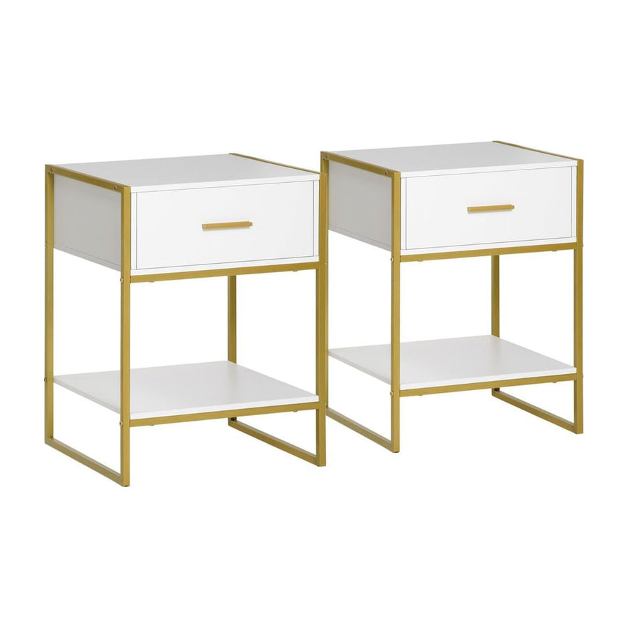 HOMCOM Modern Bedside Table, Nightstand with Drawer Shelf, Side Table for Living room, Bedroom White and Gold, Set of 2