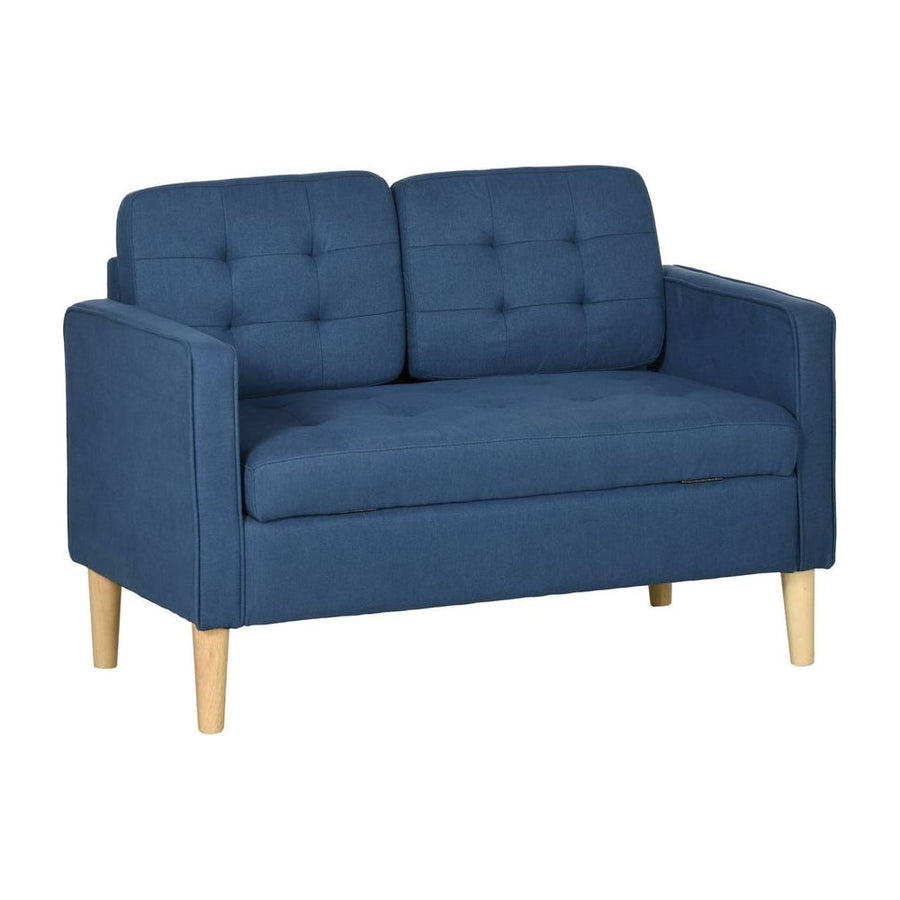HOMCOM Modern Loveseat Sofa, Compact 2 Seater Sofa with Hidden Storage, 117cm Tufted Cotton Couch with Wood Legs, Blue