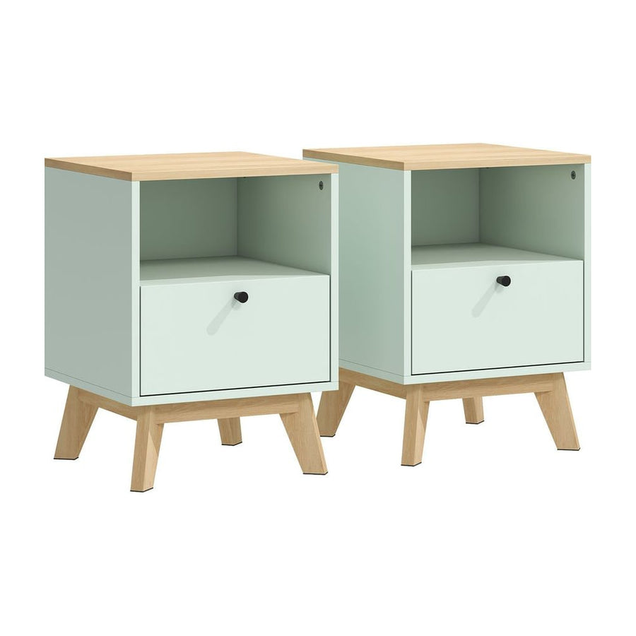 HOMCOM Modern Nightstand Set of 2, Bedside Table with Drawer and Open Shelf, Side End Table for Bedroom, Light Green