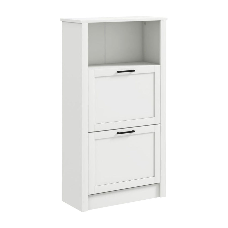 HOMCOM Modern Shoe Cabinet in white with two flip drawers and an open top shelf