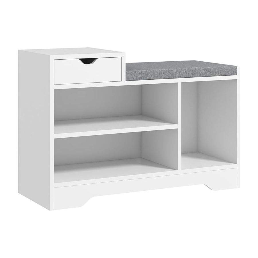 HOMCOM Multi-Compartment Shoe Bench in white with a grey seat and open storage shelves