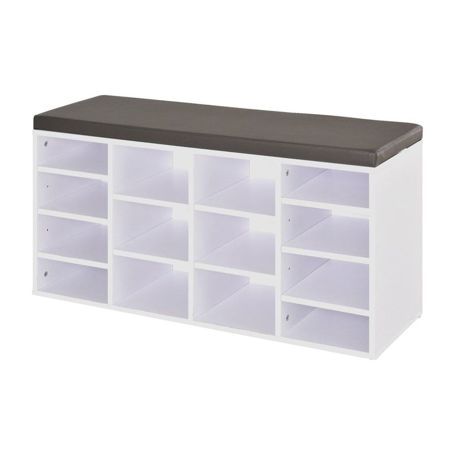 HOMCOM Multi-Storage Shoe Rack with a white frame and dark grey cushion top, showing 14 storage compartments