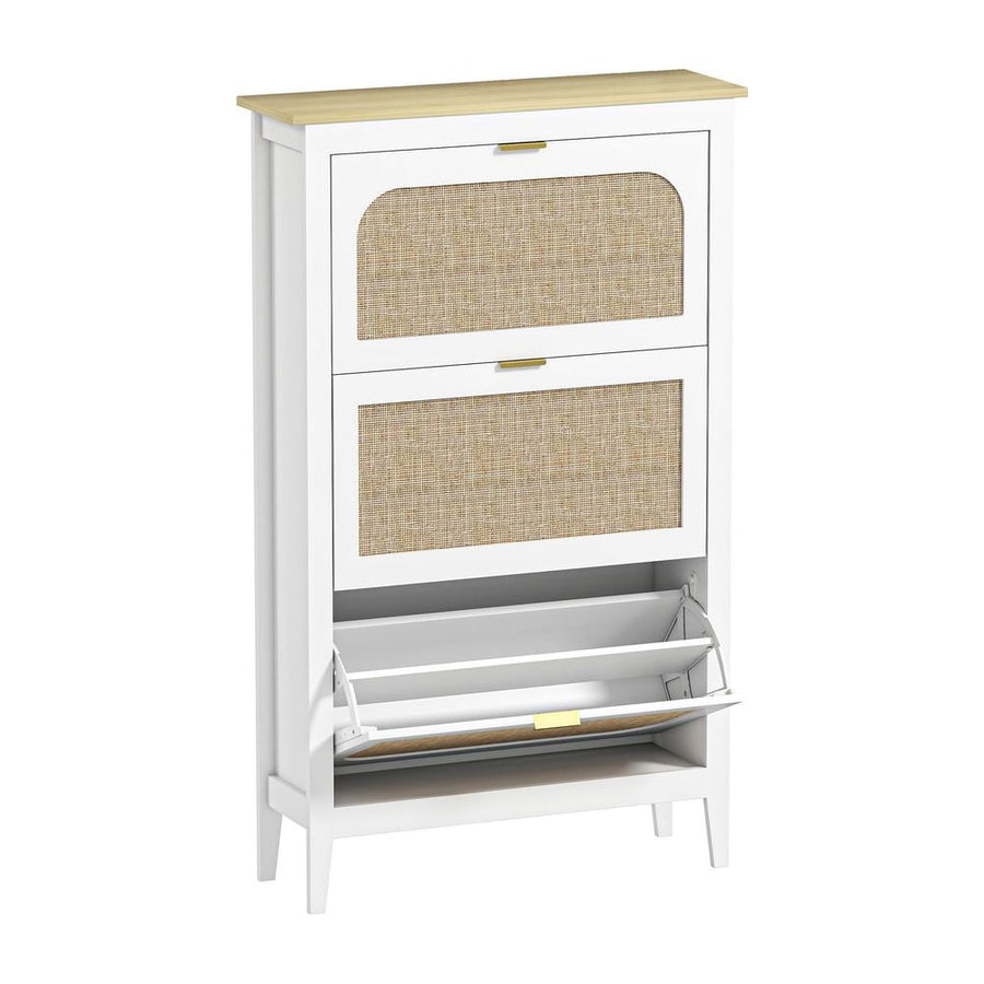 HOMCOM Narrow Shoe Cabinet with three flip drawers and a cane effect front