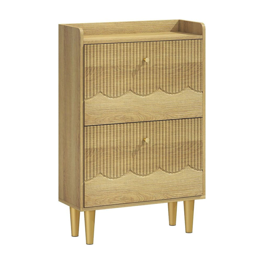 HOMCOM Narrow Shoe Cabinet, a slim wooden storage unit with two flip-down drawers and gold legs
