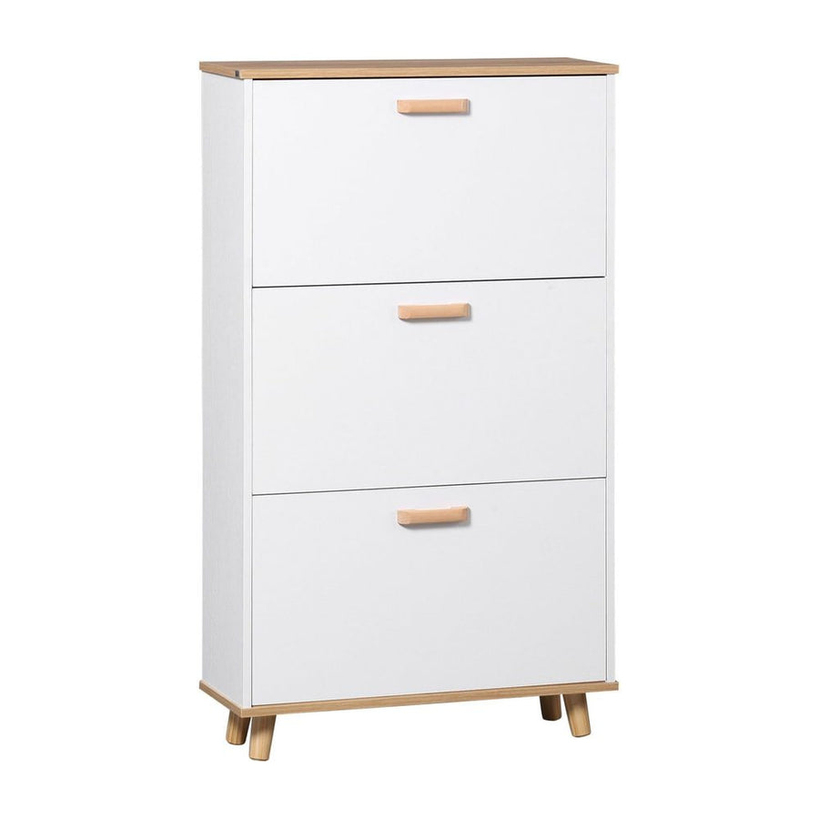 HOMCOM Narrow Shoe Cabinet with three white flip drawers and wooden handles on light wooden legs