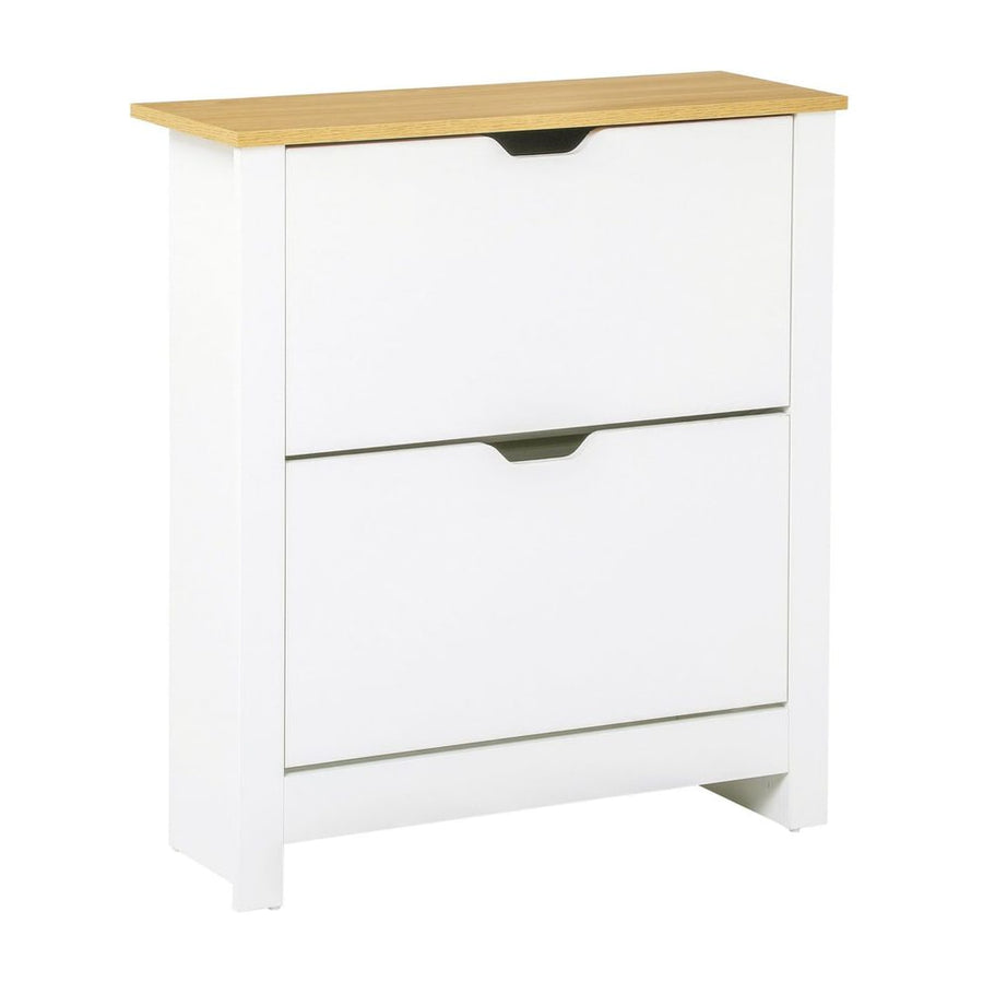 HOMCOM Narrow Shoe Cabinet with two white flip drawers and a light wood effect top surface