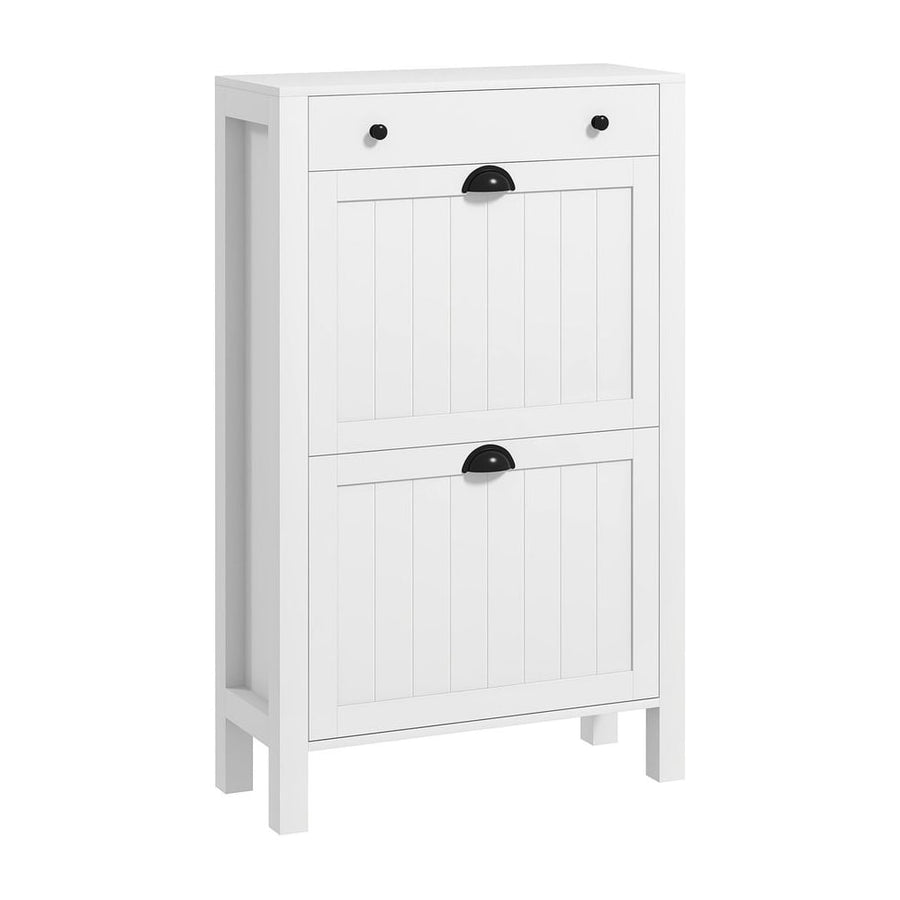 HOMCOM Narrow Shoe Cabinet with two flip drawers and a top drawer in white