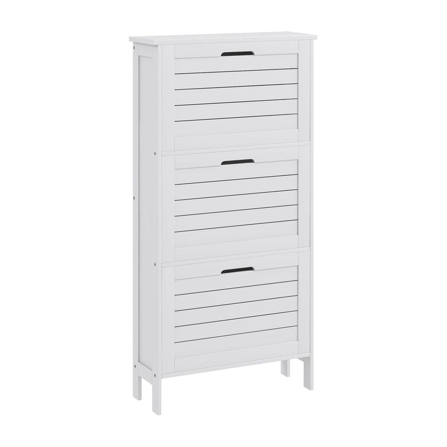 HOMCOM Narrow Shoe Cabinet with 3 Flip Drawers in white standing against a plain background