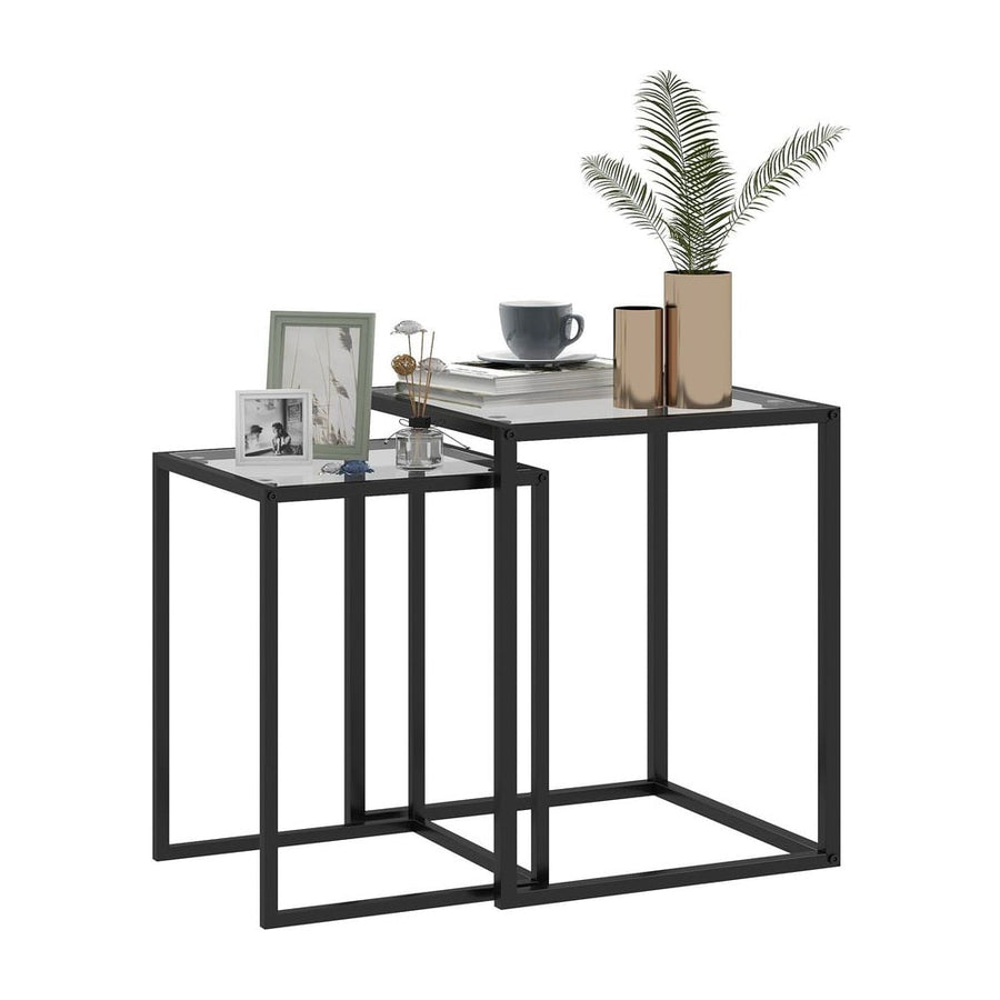 HOMCOM Nesting Tables Set of 2, Side End Table with Tempered Glass Top and Steel Frame for Living Room, Bedroom, Black