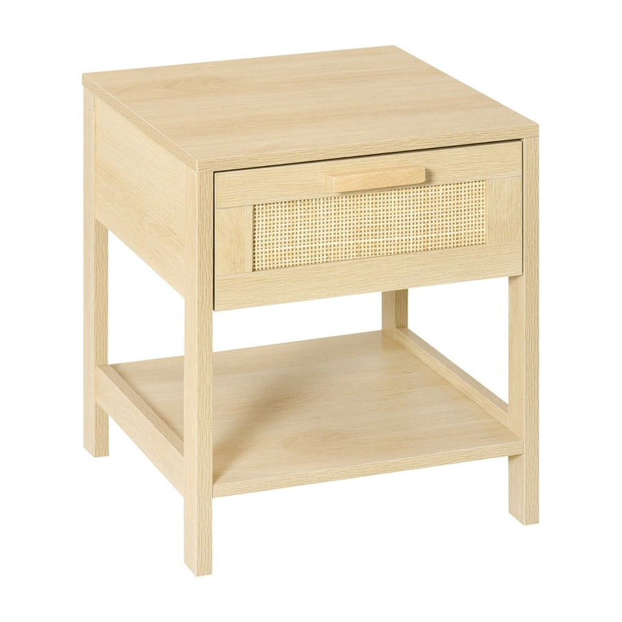 HOMCOM Nightstand with Rattan Drawer and Storage Shelf, Bedside End Table for Bedroom, Living Room
