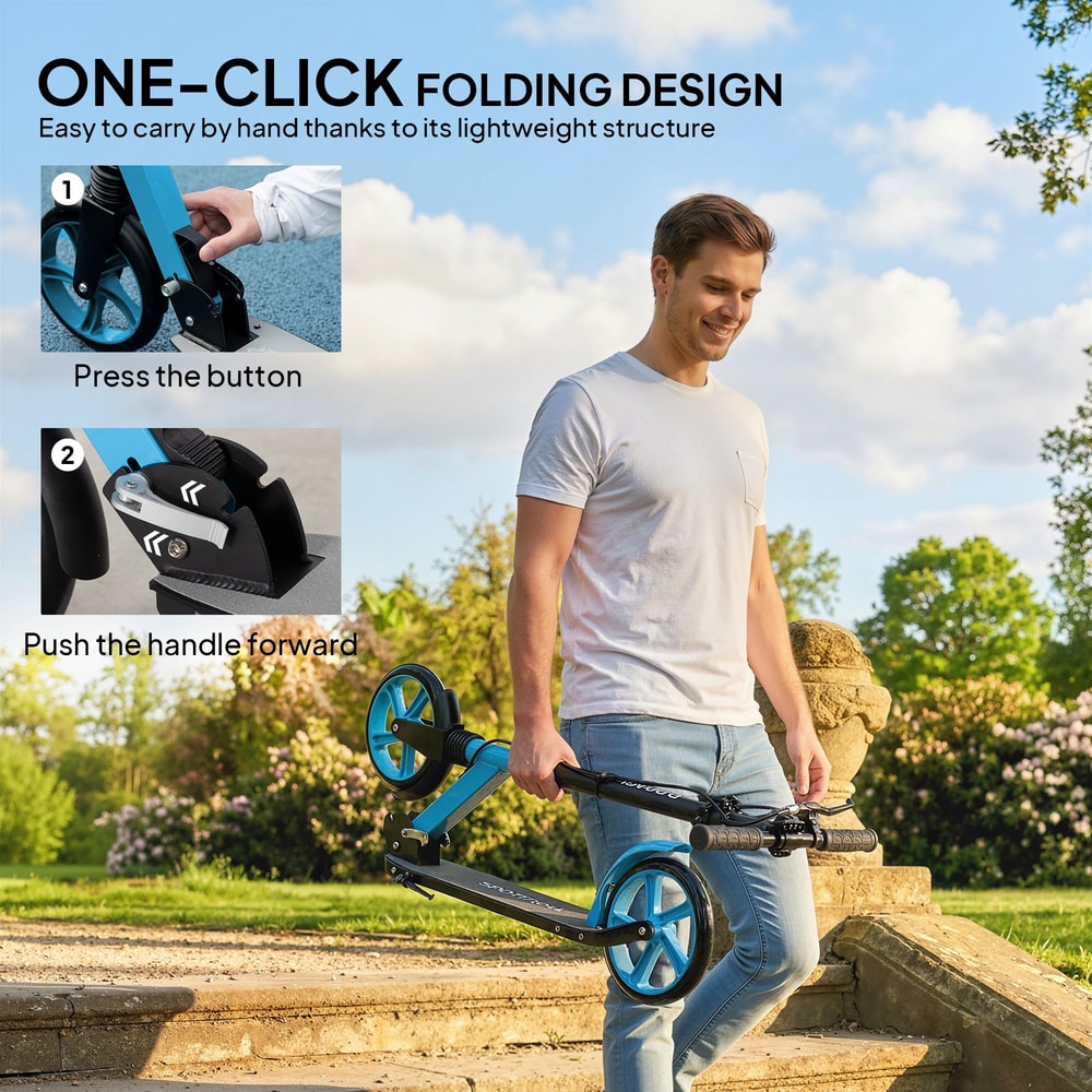 The blue kick scooter being folded using a one-click mechanism, shown in two steps