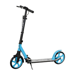 HOMCOM One-click Folding Kick Scooter, a blue scooter with black handlebars and wheels, shown upright with kickstand down