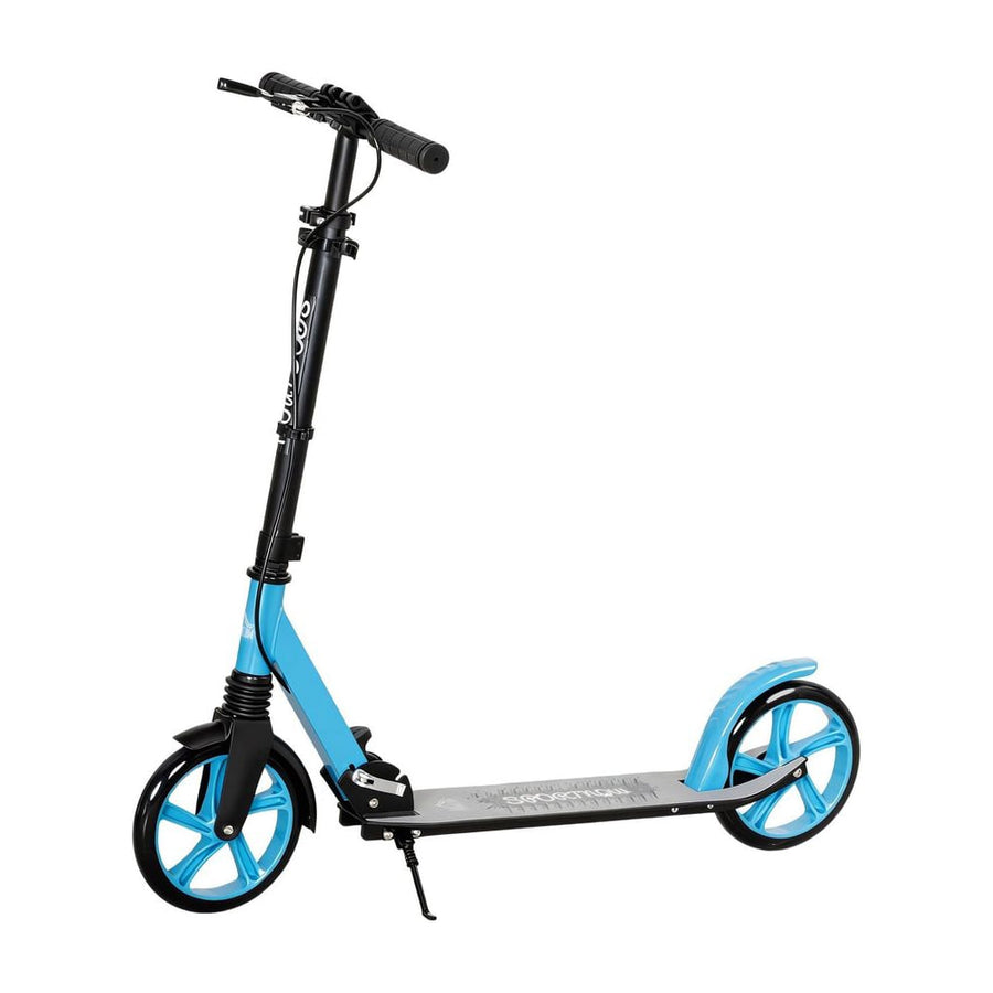 HOMCOM One-click Folding Kick Scooter, a blue scooter with black handlebars and wheels, shown upright with kickstand down