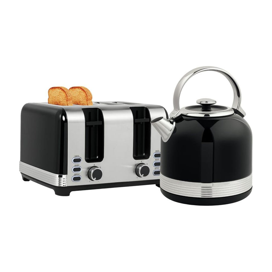 HOMCOM Polished Stainless Steel Kettle and Toaster Set in black and silver with two slices of toast in the toaster