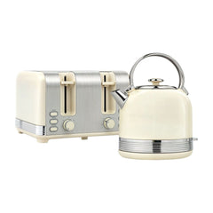 HOMCOM Polished Stainless Steel Kettle and Toaster Set, a cream kettle and a cream toaster with polished stainless steel