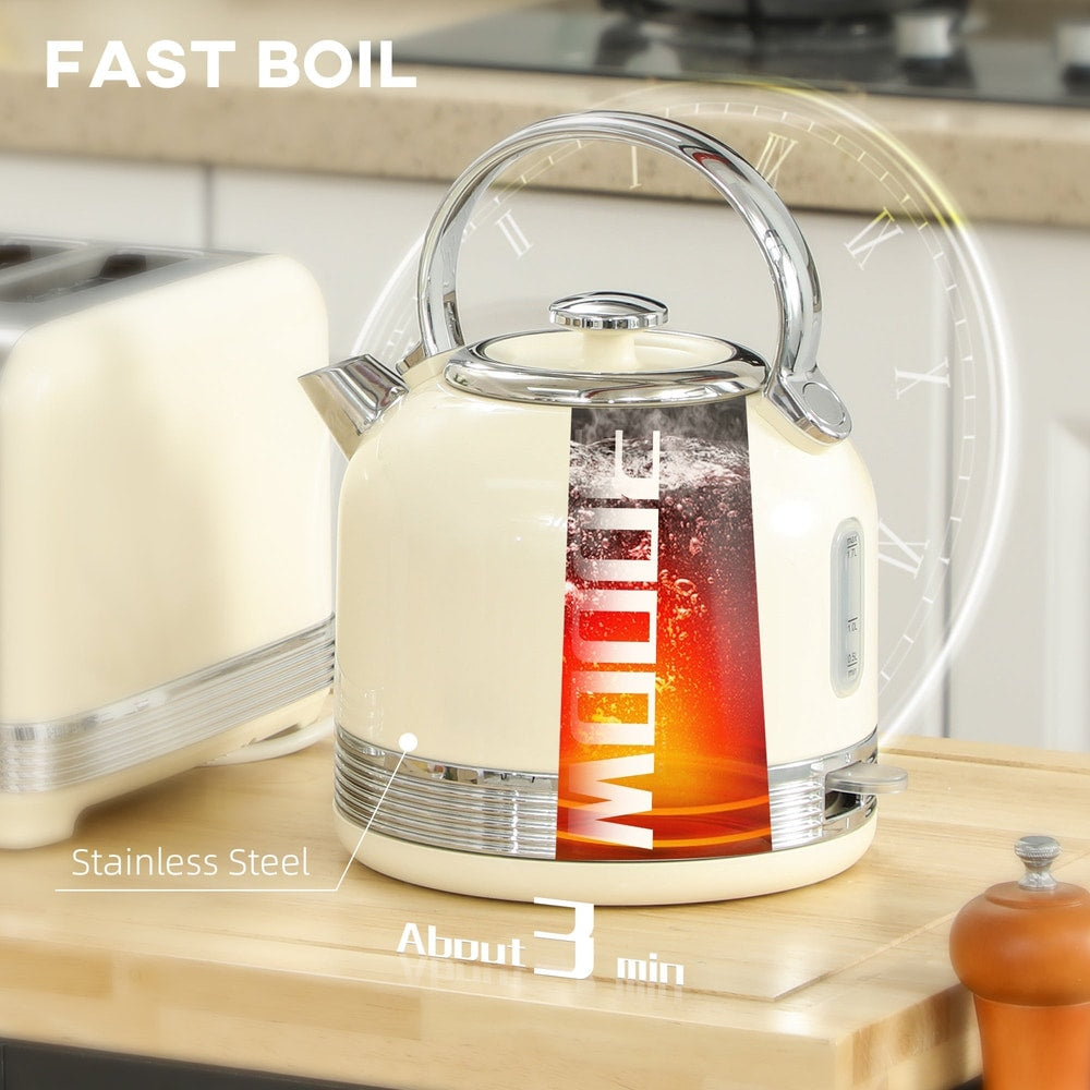 Close up of the cream kettle showing fast boil feature and stainless steel construction