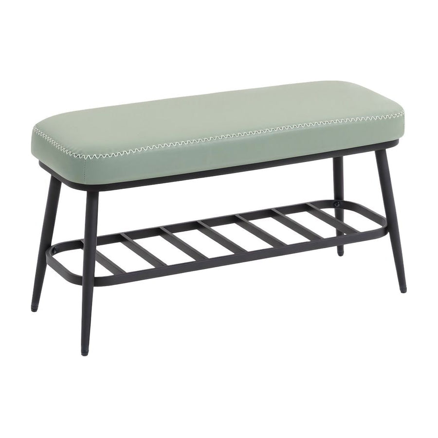 HOMCOM PU Leather Shoe Storage Bench in green with a black metal frame and a slatted lower shelf