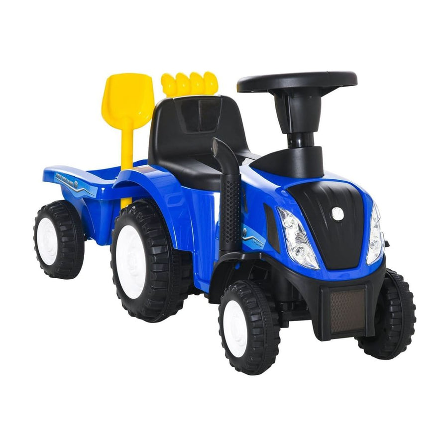 HOMCOM Ride On Tractor Toddler Walker Foot To Floor Slider in blue with a trailer and steering wheel