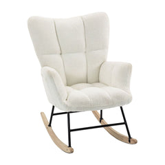 HOMCOM Rocking Chair, Teddy Fleece Rocker Chair with Tufted Wingback, Side Pockets, Rubber Wood Legs, Cream White