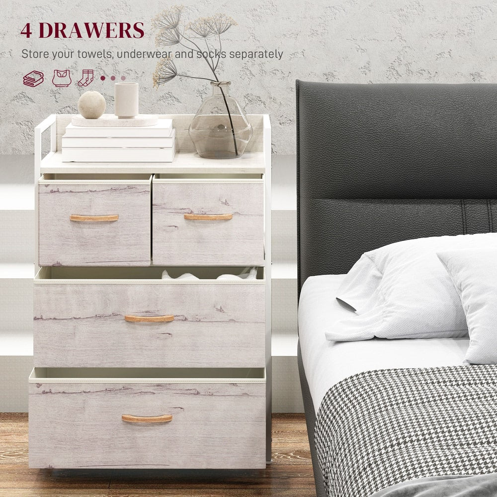 The chest of drawers positioned beside a bed with one drawer pulled open
