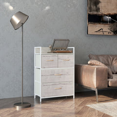 The chest of drawers placed in a living room next to a floor lamp and sofa