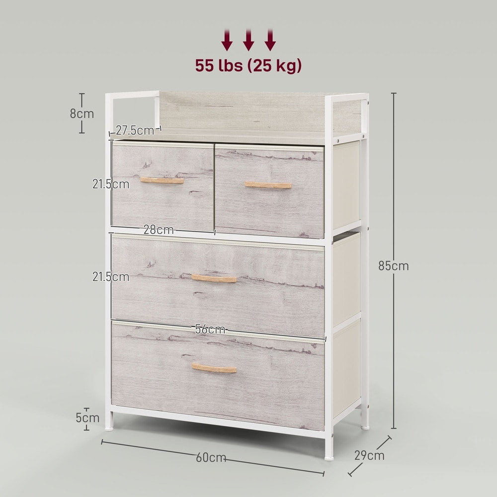 The chest of drawers shown with technical lines and arrows indicating dimensions