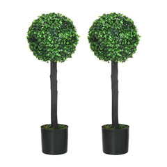 HOMCOM Set of 2 Artificial Plants Boxwood Ball Trees in Pot Fake Plants for Home Indoor Outdoor Decor, 20x20x60cm, Green