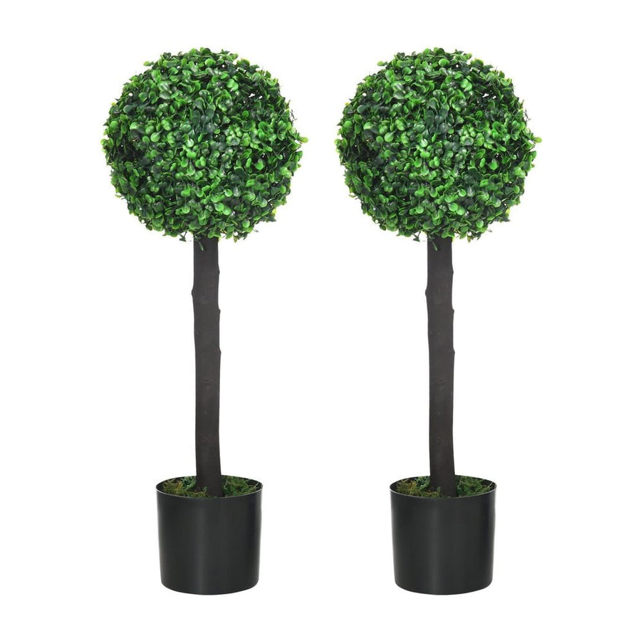 HOMCOM Set of 2 Artificial Plants Boxwood Ball Trees in Pot Fake Plants for Home Indoor Outdoor Decor, 20x20x60cm, Green