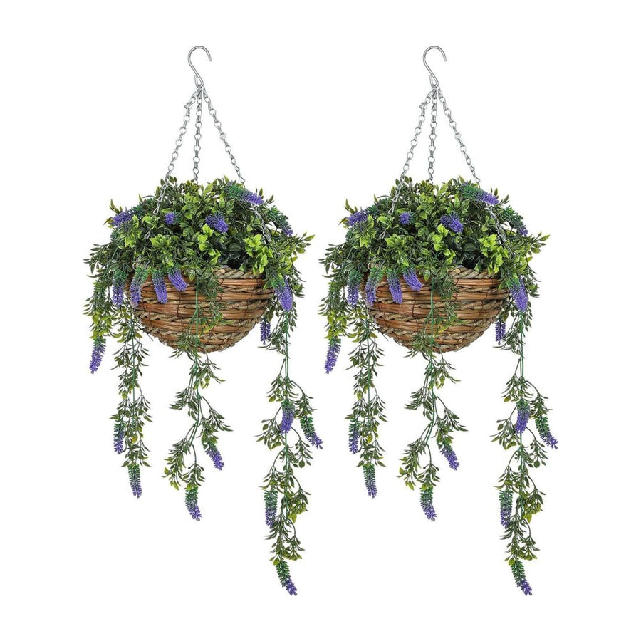 HOMCOM Set of 2 Decorative Artificial Plants, Faux Silk Lavender Flowers in Hanging Baskets, Fake Plants for Home Indoor