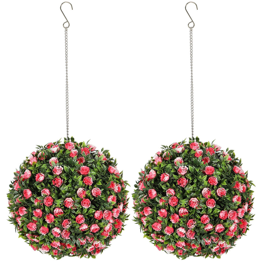 HOMCOM Set of 2 Decorative Artificial Plants, UV-protected Artificial Plant Topiary Rose Balls, Fake Plants for Home Indoor
