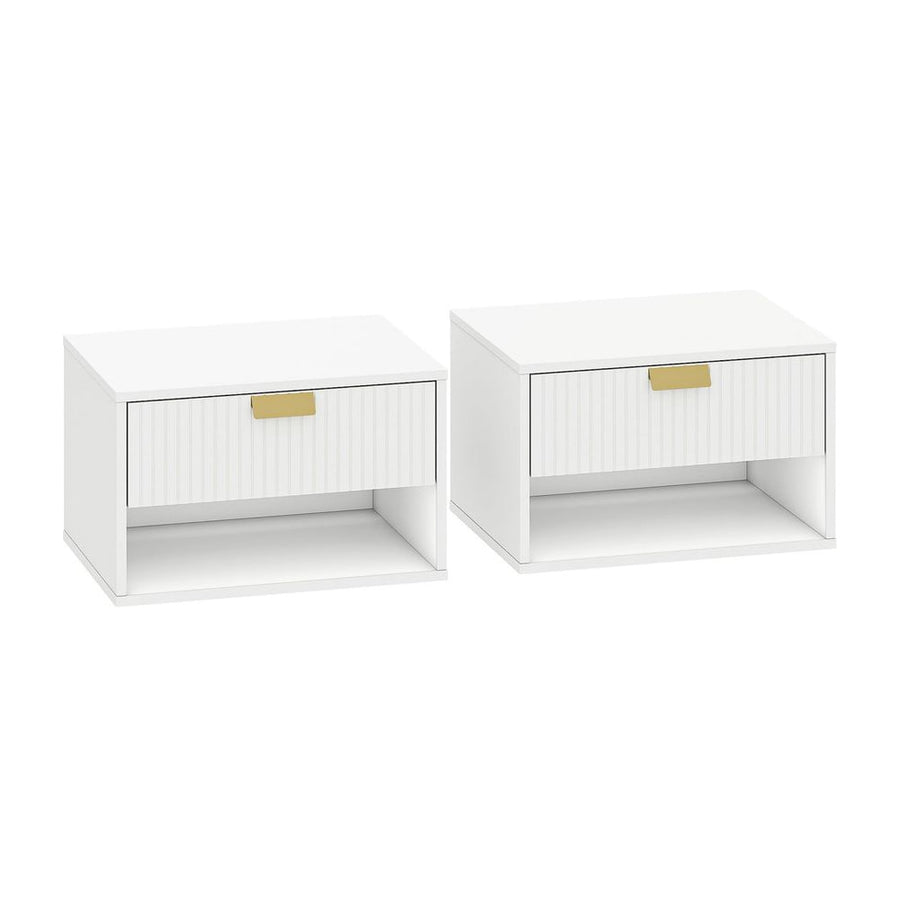 HOMCOM Set of 2 Wall Mounted Nightstands, Floating Bedside Tables with Fluted Drawer and Open Shelf for Small Bedroom, White