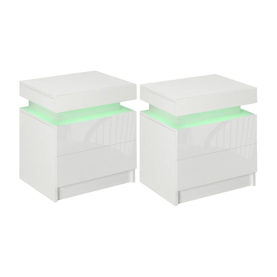 HOMCOM Set of 2 White Bedside Tables with LED Lights, High Gloss Front Nightstands with 4 Drawers