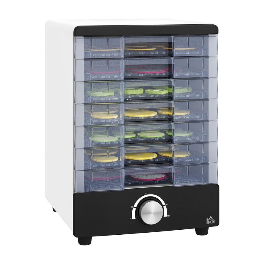 HOMCOM Seven Tray food dehydrator in white with seven clear trays and a black base with a dial