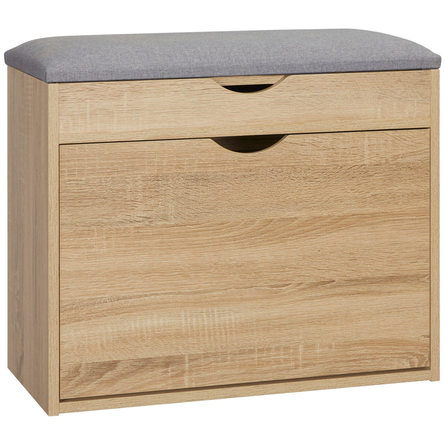 HOMCOM Shoe Bench with a light wood finish and a grey padded seat cushion