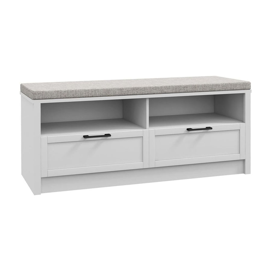 HOMCOM Shoe Bench with Removable Cushion featuring two open shelves and two drawers with black handles