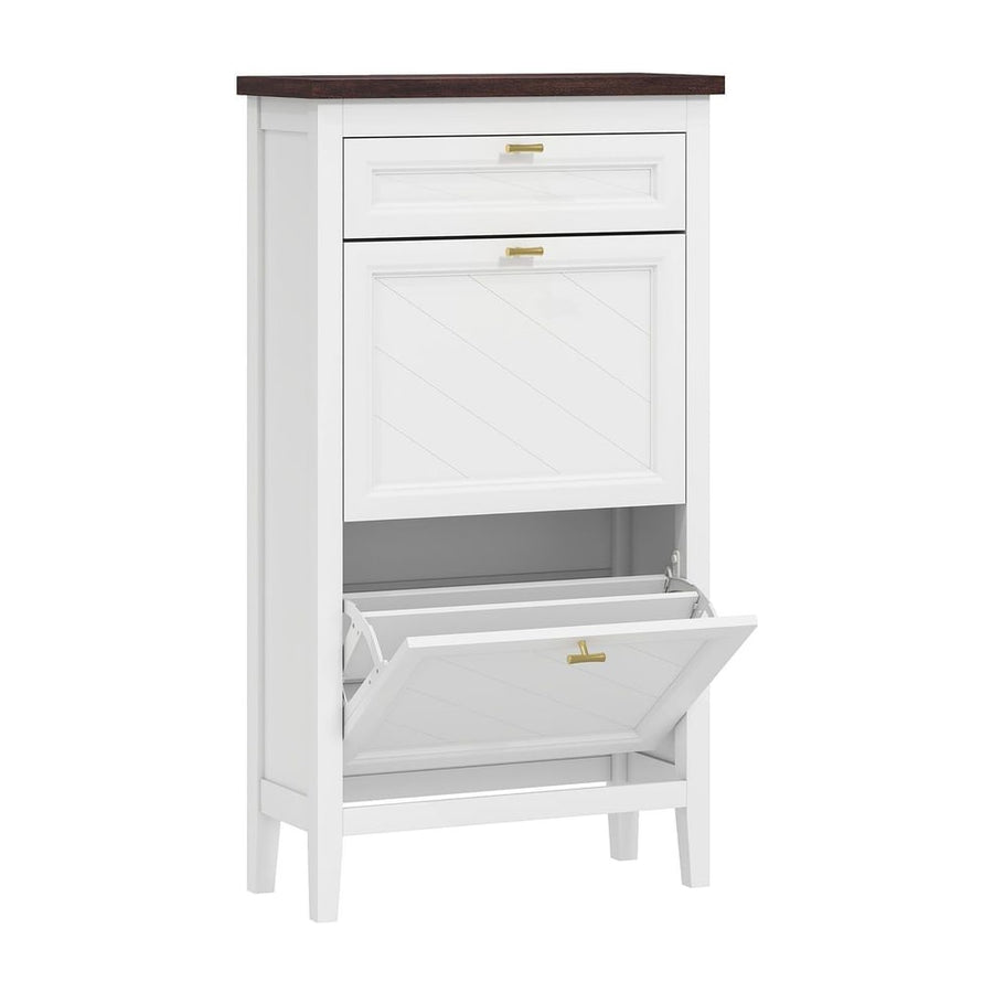 HOMCOM Shoe Cabinet with 2 Flip Drawers, a white farmhouse style shoe storage unit with a dark top and brass handles