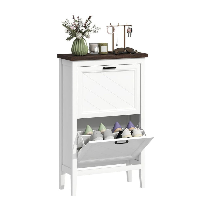 HOMCOM Shoe Cabinet with 2 Flip Drawers, a white farmhouse style shoe storage unit with a dark top