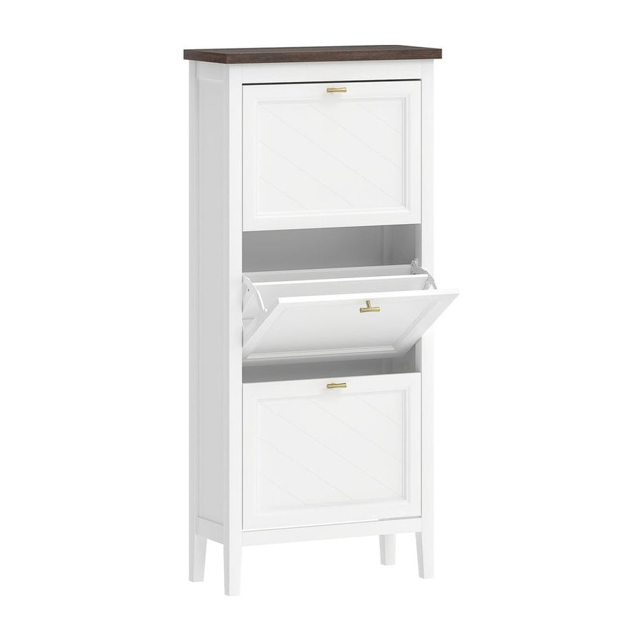 HOMCOM Shoe Cabinet with 3 Flip Drawers, a tall white unit with a dark top and three flip-down drawers