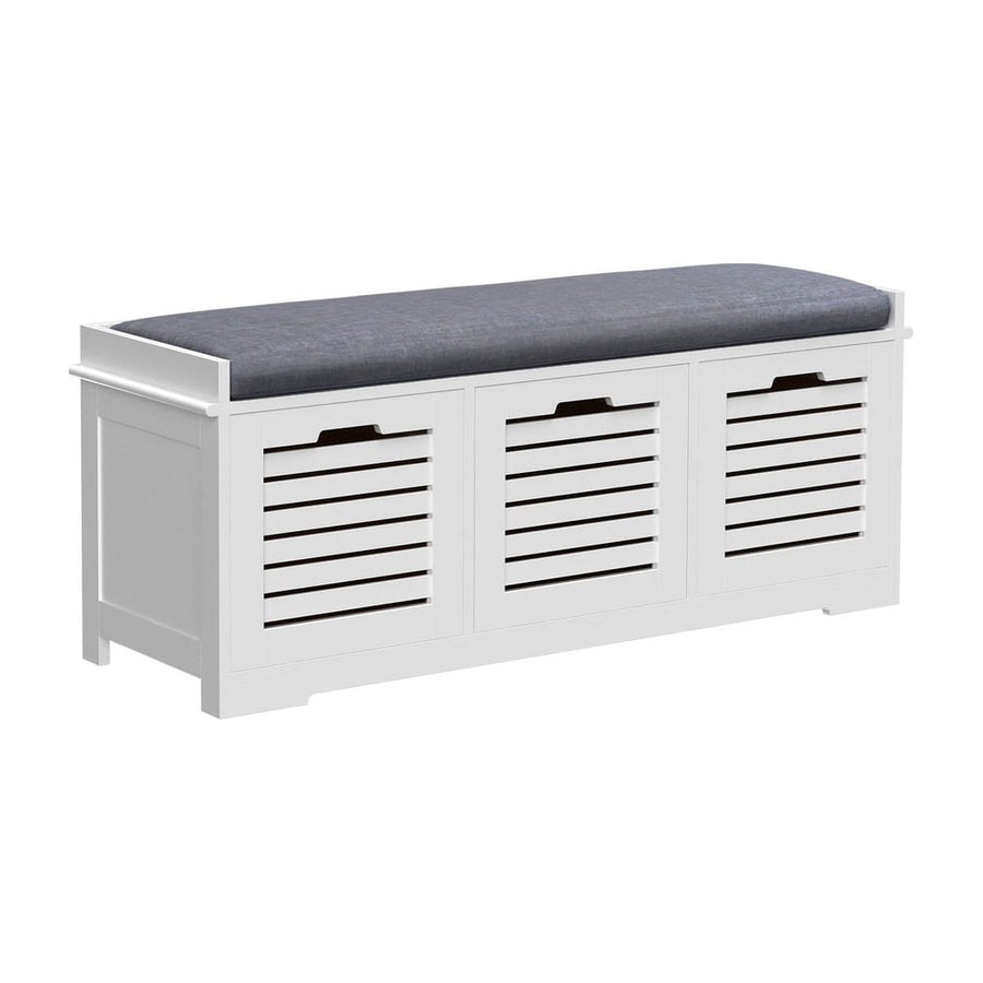 HOMCOM 3-Drawer Shoe Storage Bench with a grey cushion on top and three slatted doors