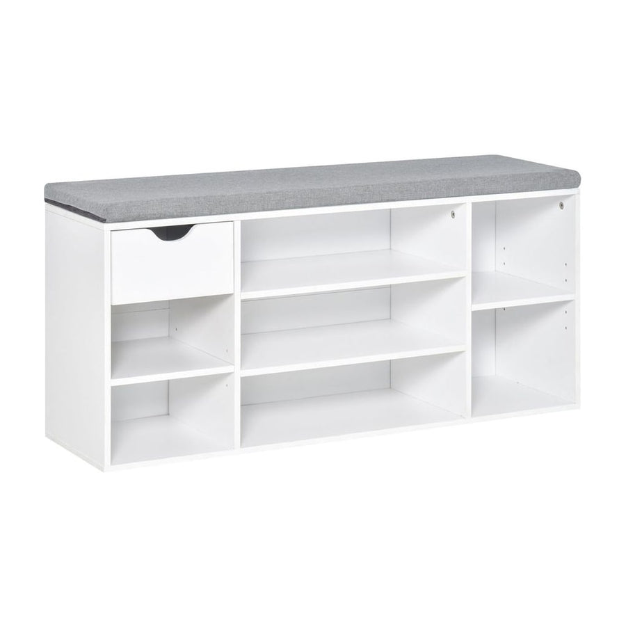 HOMCOM Shoe Storage Bench with Cushion in white with a grey cushion on top and multiple shelves