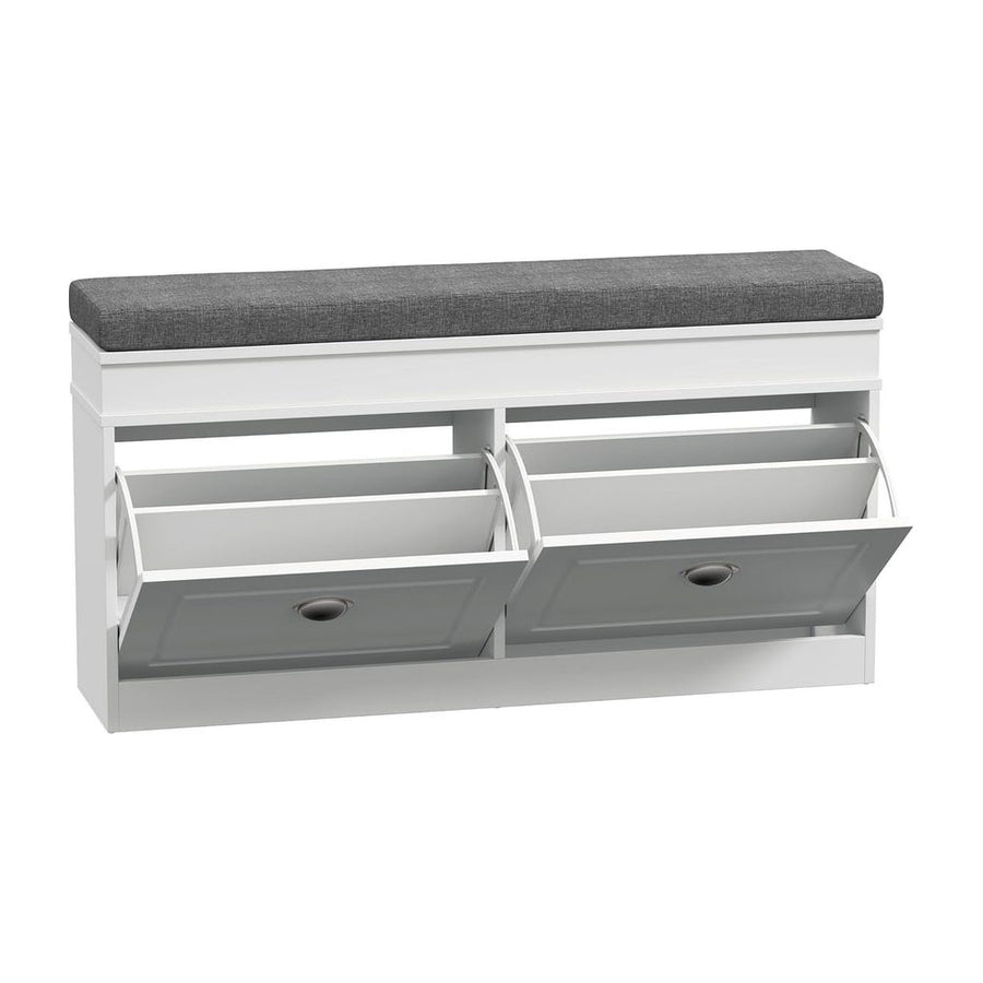 HOMCOM Shoe Storage Bench with Flip Drawers shown in white with a grey seat cushion and open compartments