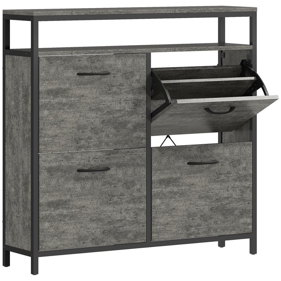 HOMCOM Shoe Storage Cabinet in cement grey with four flip drawers and an open top shelf